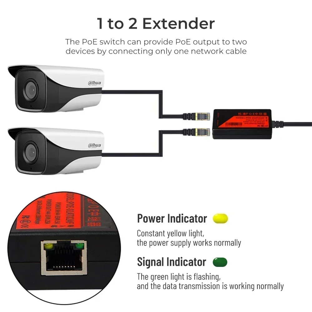 1 to 2 Ports PoE Extender 100Mbps Network Transmission Max Extend 100m for NVR IP Camera AP IP - Ethernet over Power Extender