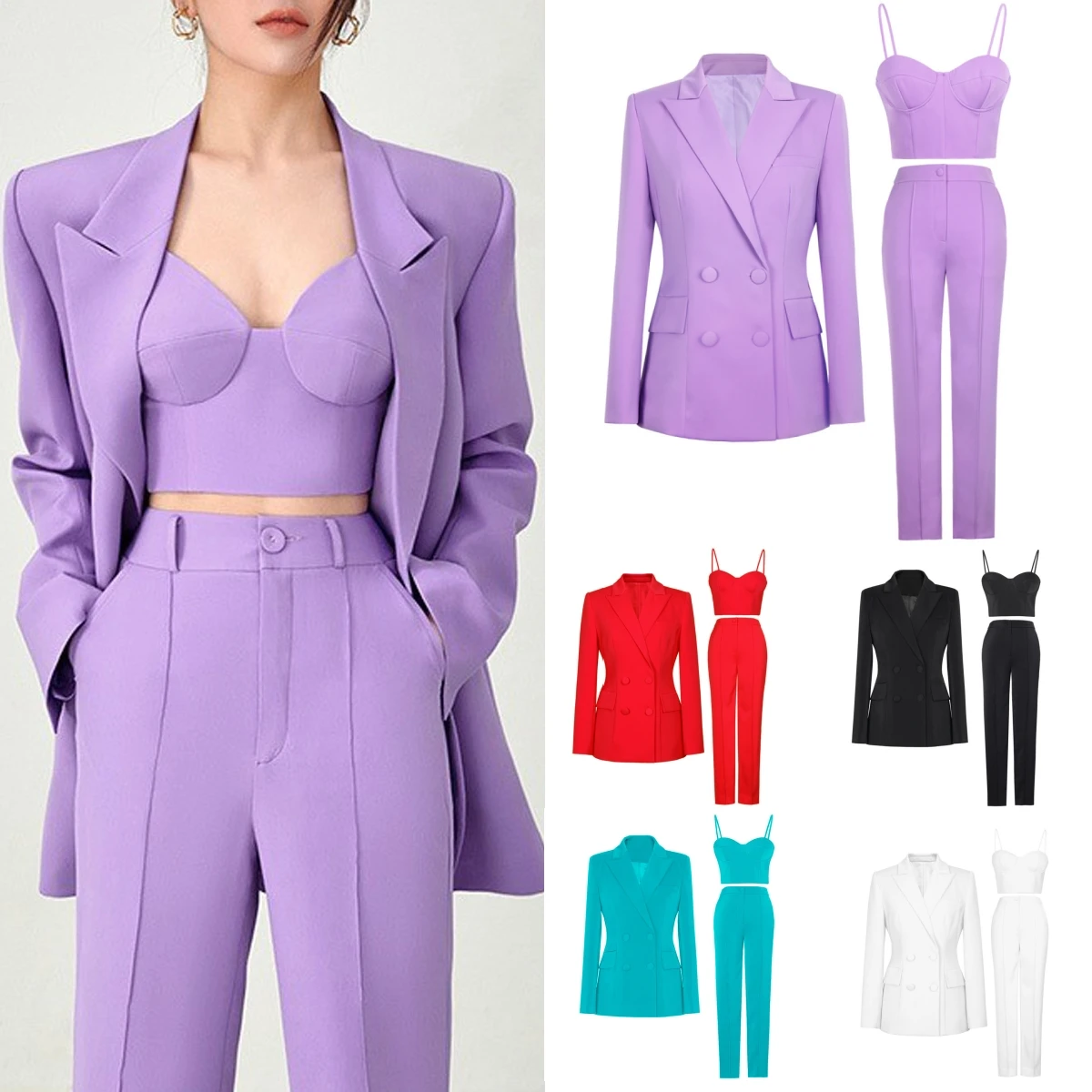 

Three Pieces Suit Set for Women, Slim Fitting Blazer, Bra and Pants Set, Solid Color Tuxedo Pants Set, Party Outfit