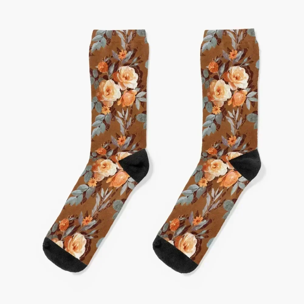 

Retro Rose Chintz in Warm Orange on Rust Brown Socks luxe funny sock Wholesale gift Boy Child Socks Women's