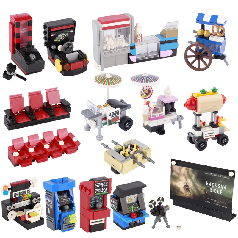 MOC Miniature Dollhouse Food Supermarket Cinema Building Blocks Video Game Station Mini Snack Fruit Cake Bricks Creative Toys