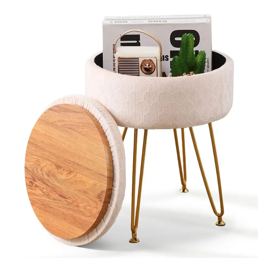 

Footrest Footstools Round Velvet Ottoman with Storage Space Soft Vanity Chair with Memory Foam Seat Small Side Table Hallway Ste