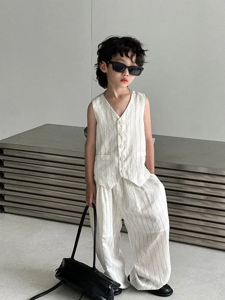 

Set Children Boy Summer New Style Stripe Sleeveless Vest Wide Leg Pants Fashion Casual Brief Preppy Style Korean