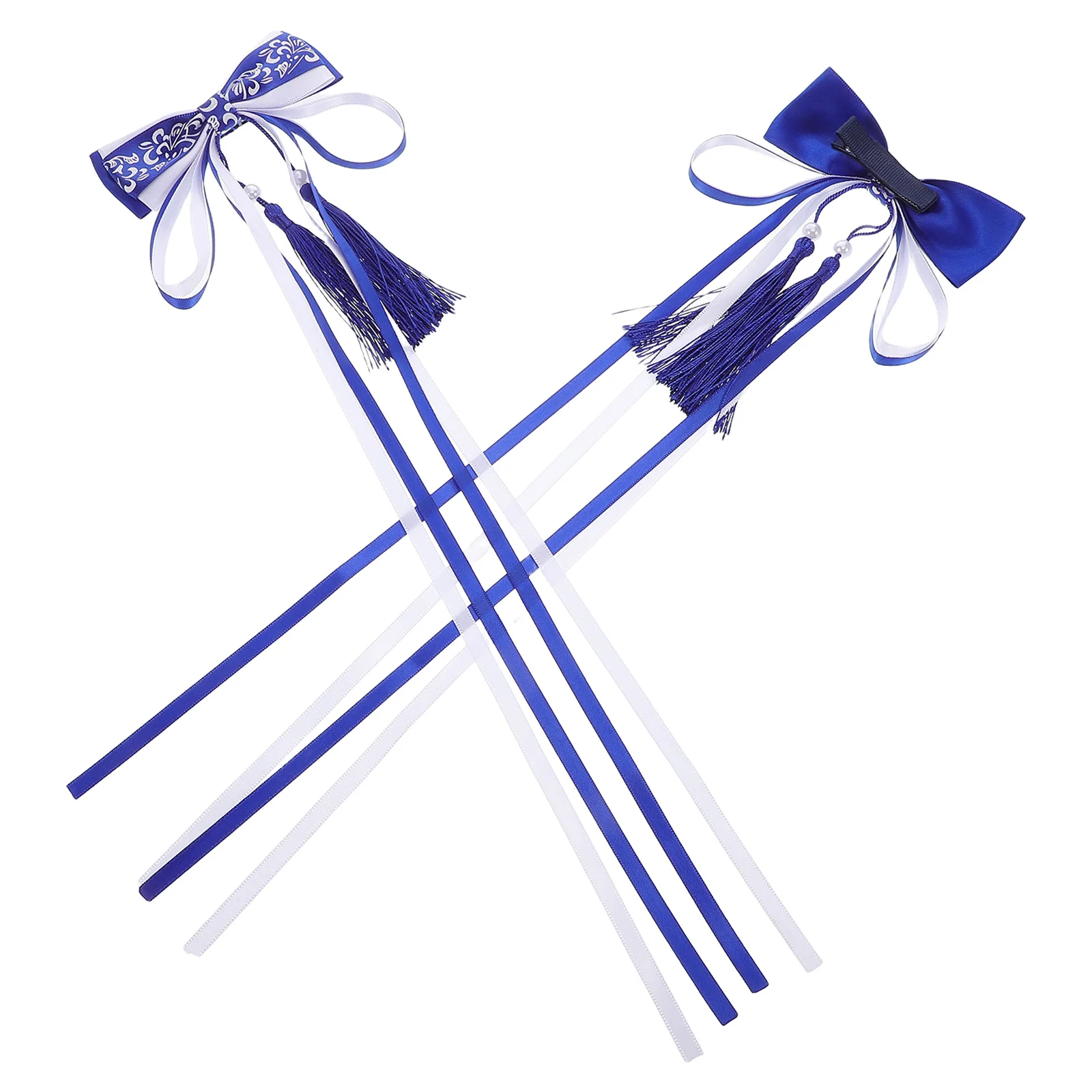 

2pcs Blue Tassel Hair Clips Chinese Style Vintage Hanfu Accessories Ribbon Bows For Women Girls Festival New Year Long Tail
