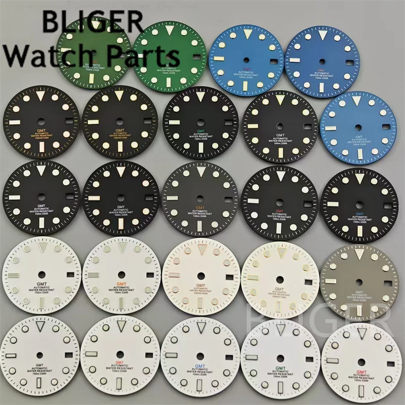 BLIGER 29mm Watch Dial Black White Blue Gray Dial Black Green Blue Red Orange GMT Mark Green Luminous Fit NH34 Movement