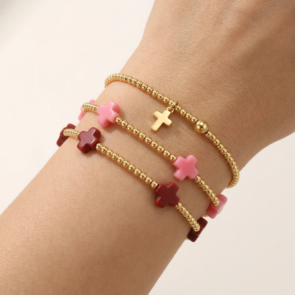 

3pcs Copper Bohemian Cross Beaded Bracelet Set Metal Stretch Chain Bracelets For Women