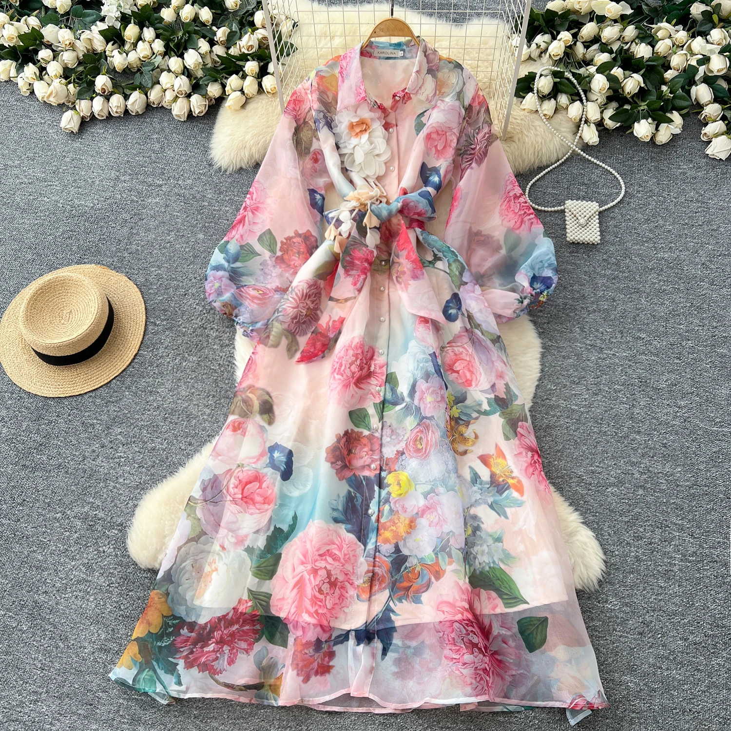 French Vintage Senior Organza Print Long Dress High Quality 3D Floral Dress Female Single Breasted Puff Sleeves