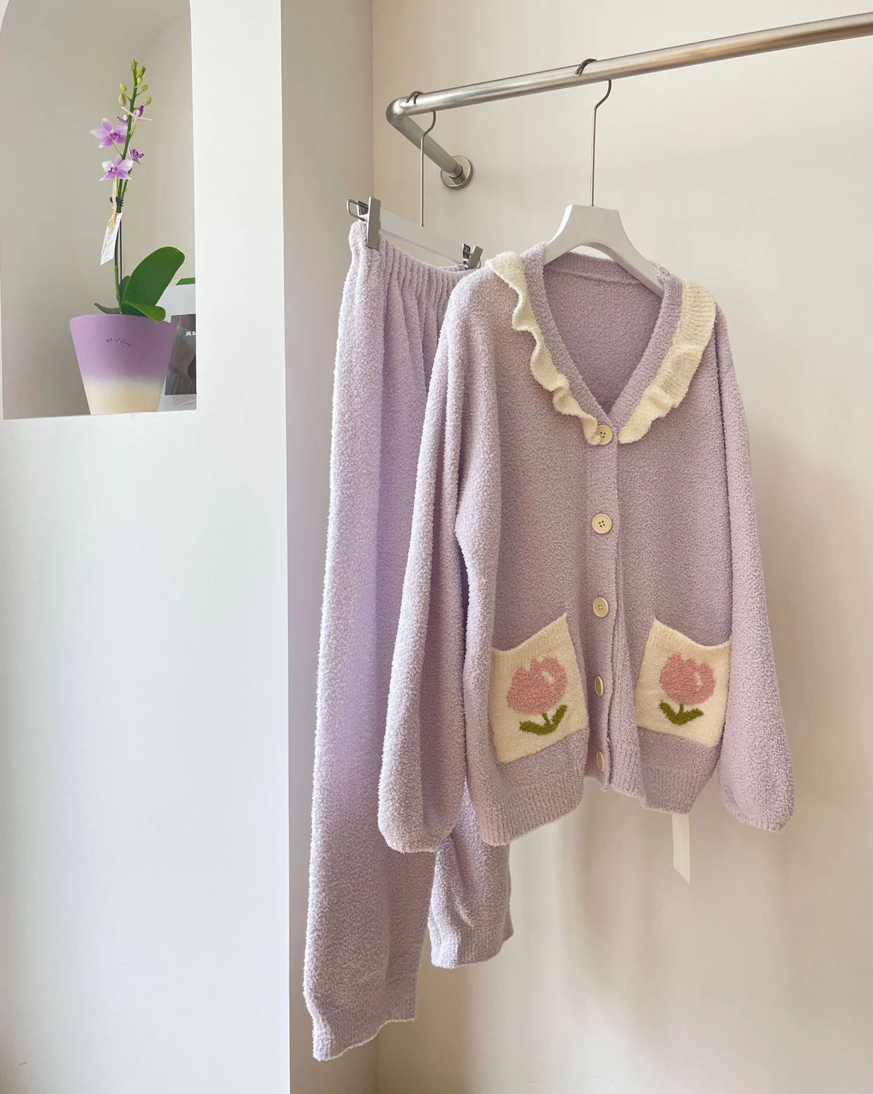 Conjuntos de pijamas de tulipán dulce para mujer, cárdigan con volantes de un solo pecho y cuello en V, conjuntos de dos piezas, ropa de descanso para niña, otoño e invierno