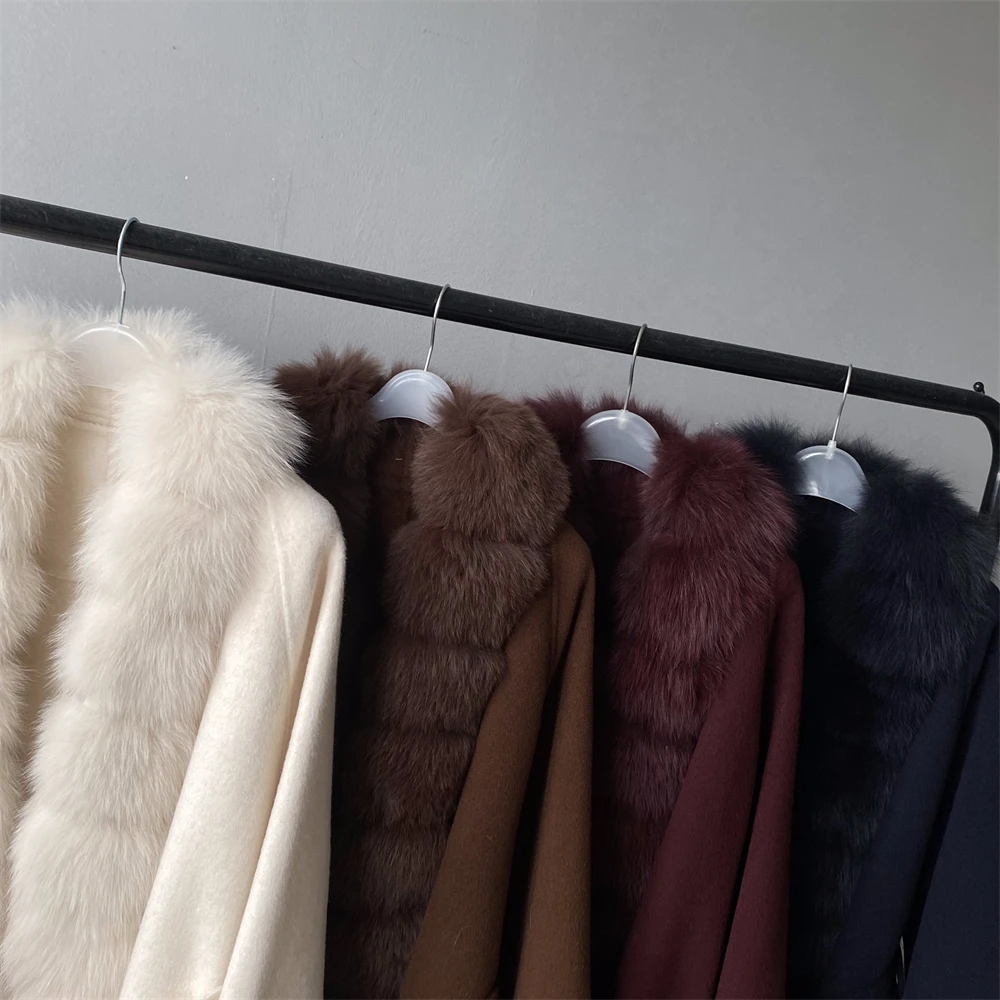 Luxyonuo Women's Real Fox Fur Coat Lady Double Faced Cashmere Trench Coats with luxurious Real Fur New Arrival Outerwear Female