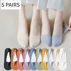 Socks for Women Short No Show Low Cut Nylon Ice Silk Non-slip Silicone Summer Breathable Invisible Black White 5pair /Lot