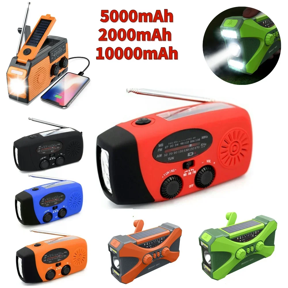 Solar Hand Crank Powered Camping Light With AM/FM Radio Outdoor 10000mAh USB Charging Multifunctional Hand Dynamo LED Flashlight