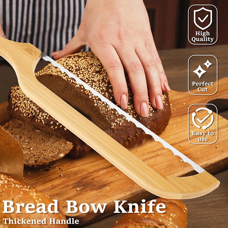 Bread Bow Cutter with Wooden Handle Stainless Steel Sourdough Bread Slicer Bread Bow Saw Fruit Pastry Bread Slicer Baking Tool