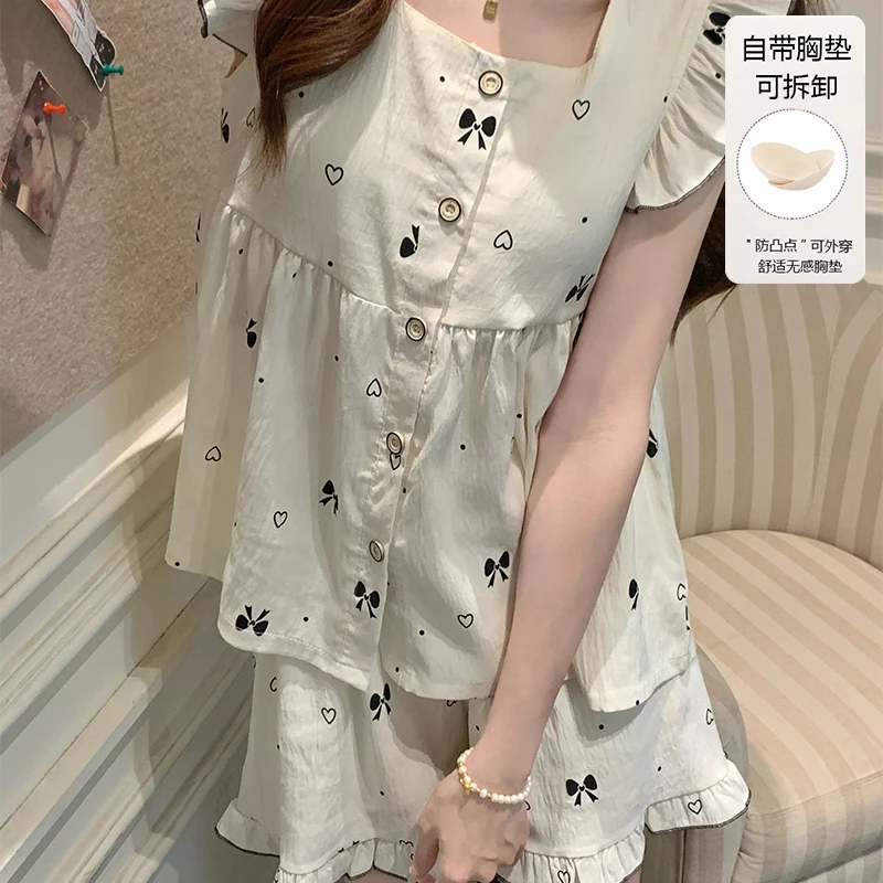 

Women's summer pajamas set clothes shorts two-piece set sweet with breast pad new homewear cute and loose