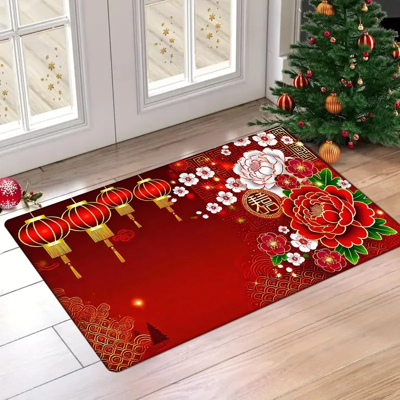 Chinese New Year Lantern Doormat, Festive Floral Design Polyester Rug, Non-Slip Machine Washable Welcome Door Carpet