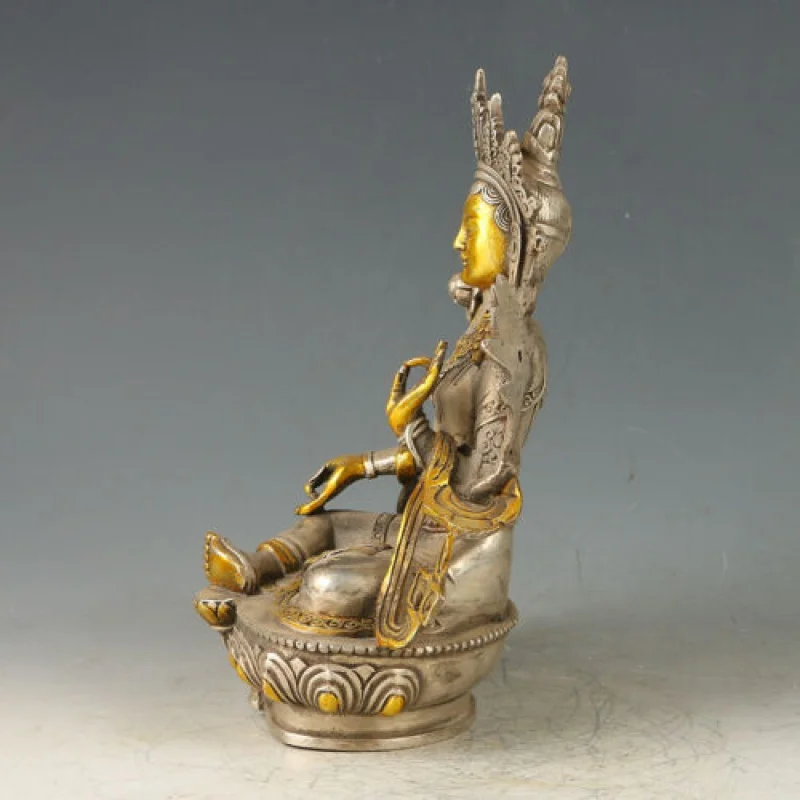 Chinese Antique Tibet Silver Gilt Carved Figure Of Buddha Statue