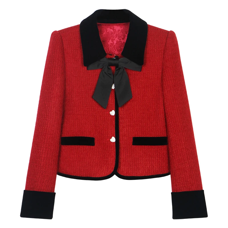 

The new fashionable and elegant high-end celebrity temperament retro small fragrance Ankla red lapel bow jacket top