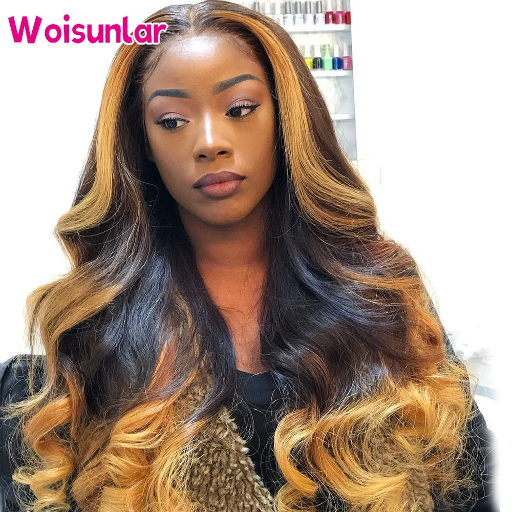 30 Inch Honey Blonde Ombre Wigs Human Hair Ombre black Brown Body Wave Wig for Black Women Highlight Blonde 1b/27 Wig 13x4 lace