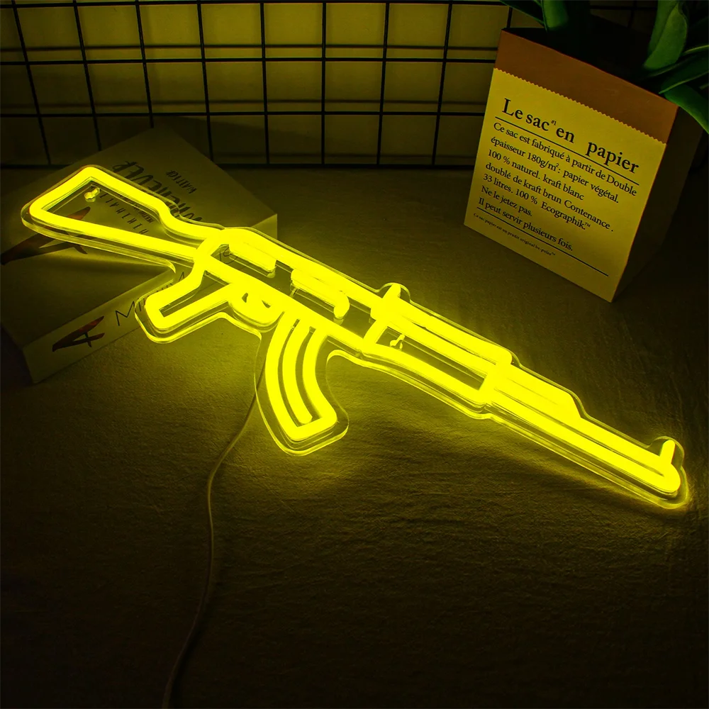 AK 47 Gun Neon Sign LED Lights For Wall Decor USB Powered Acrylic Cool Lamp Gift Gaming Lighting Game Room Bedroom Decoration