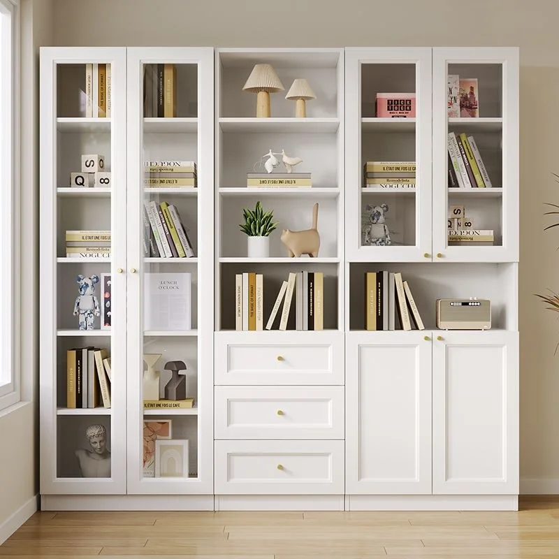 Solid wood bookcase floor-to-ceiling living room wall with glass cabinet door bookshelf multi-layer dust-proof storage locker