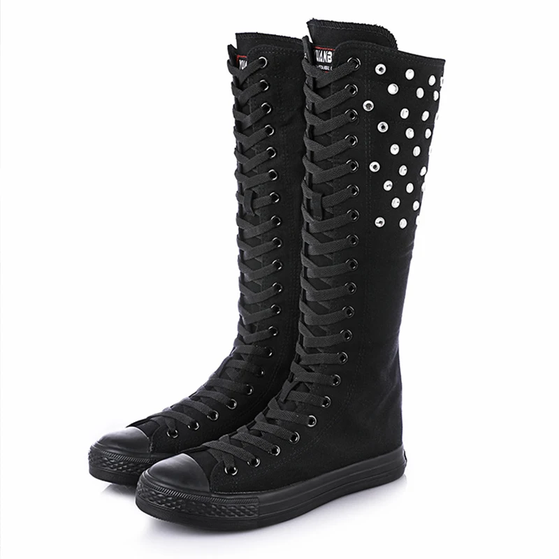 2023 Autumn Long Boot Bling Diamond Zip Canvas Women\'s Casual Sneaker Shoes High Top Round Toe Lace-up Cheerleaders Dance Shoes