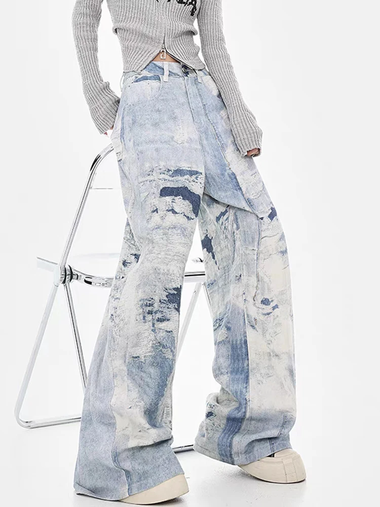 Mueyaruho 2026 Spring Summer Women Wig Leg Jeans American Tie dye Printed High Waist Loose Fit Straight Pants Trousers For Women