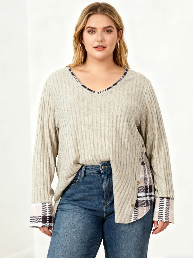 Plus Size 1XL-5XL Dames Casual Mode V-hals T-shirt met lange mouwen Dames Dames Plus Size Rooster Effen Geribbeld T-shirt Kleding