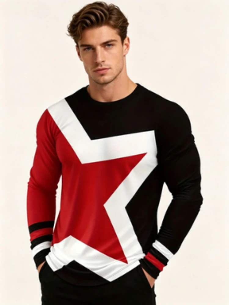 Men's Long-Sleeve T-Shirt, Crew Neck Casual Top with Geometric Red, Black, White Star Prints, Trendy Street Style