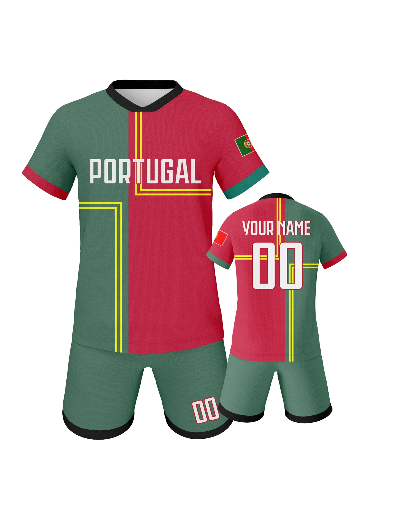 Conjunto de camiseta de fútbol de Portugal personalizada para niños, uniforme de fútbol personalizado con nombre y número, conjunto de entrenamiento para niños y niñas