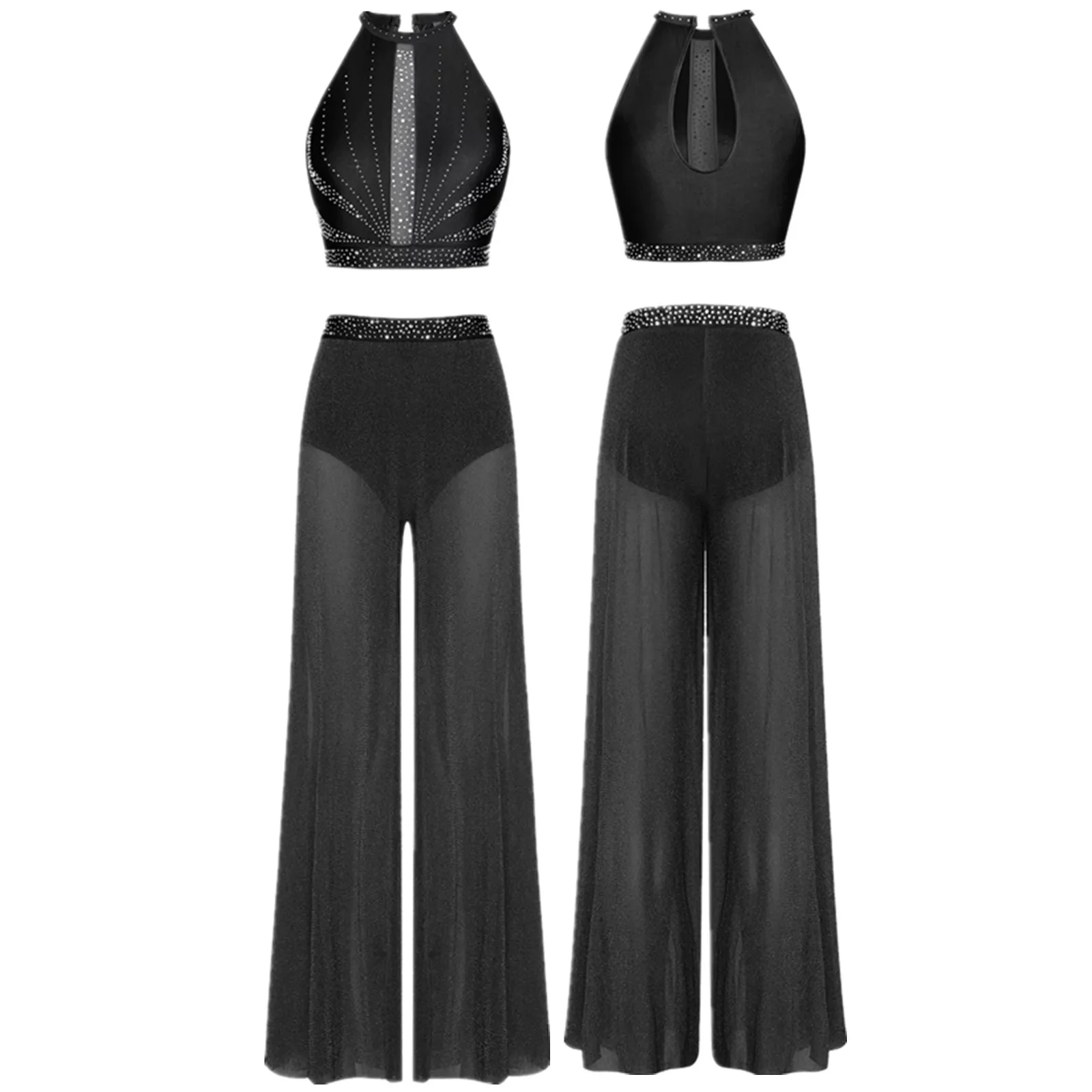 

Women Modern Lyrical Dance Crop Top with Mesh Pants Built-in Briefs Shiny Rhinestones Dancewear for Skating Gymnastics Ballet