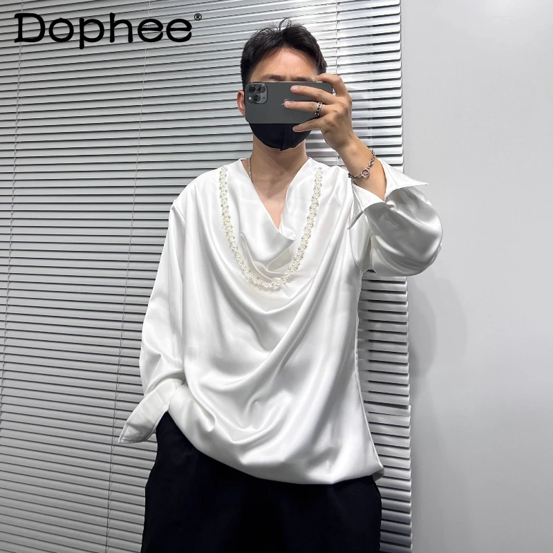 

Men's 2025 Autumn New Fashion Pullover Shirts Fashion Trendy Beaded Decoration Tops Handsome Stylish Unique Long Sleeve Shirts