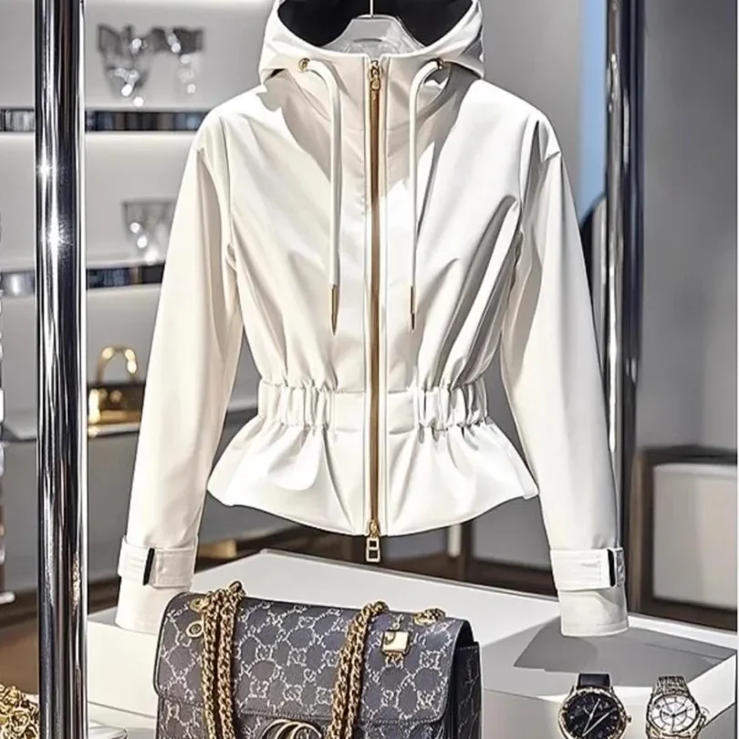 Sudadera con capucha de retales blancos para mujer, chaqueta informal coreana para oficina, abrigo con cremallera en la cintura, elegancia francesa, ropa para mujer 2025