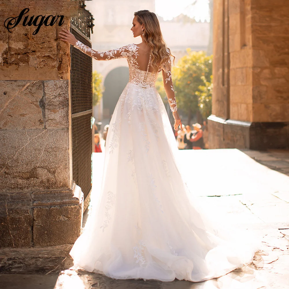 تخصيص الدانتيل زينة فستان الزفاف س الرقبة طويلة الأكمام العاج زي العرائس ألف خط تول سويب تراين رداء فساتين الحفلات ثوب