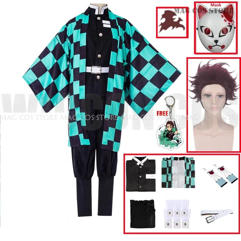 Kamado Anime Tanjiro Cosplay Demon Slayers Cosplay Costume Wig Mask Hashira Kimono Cloak Halloween Uniform Adult Kids Suit