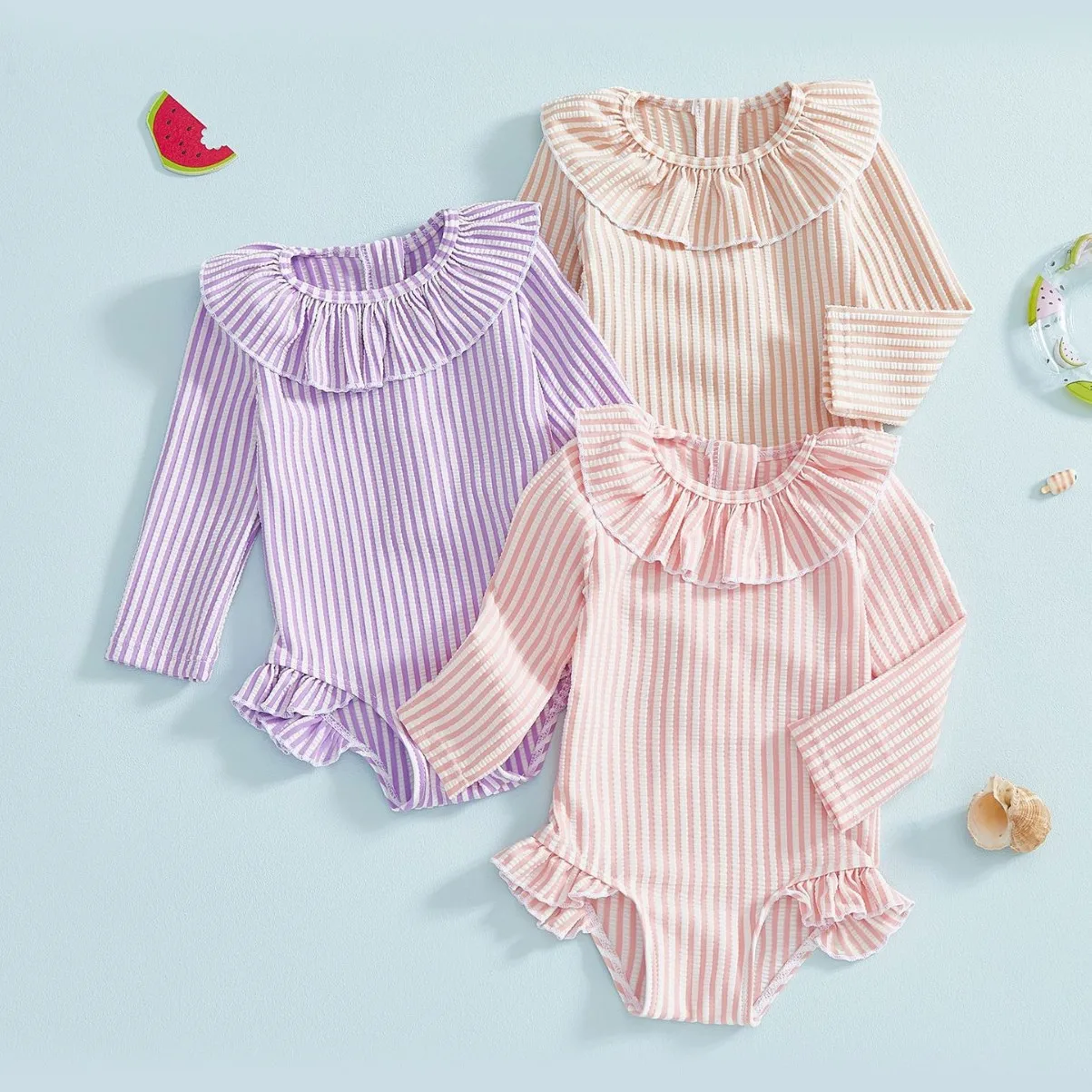 Baby Girls One-piece Swimsuit Kids Lapel Striped Sun-protective Long Sleeve Quick-Dry Triangle Swimwear Toddler Bathing Suit