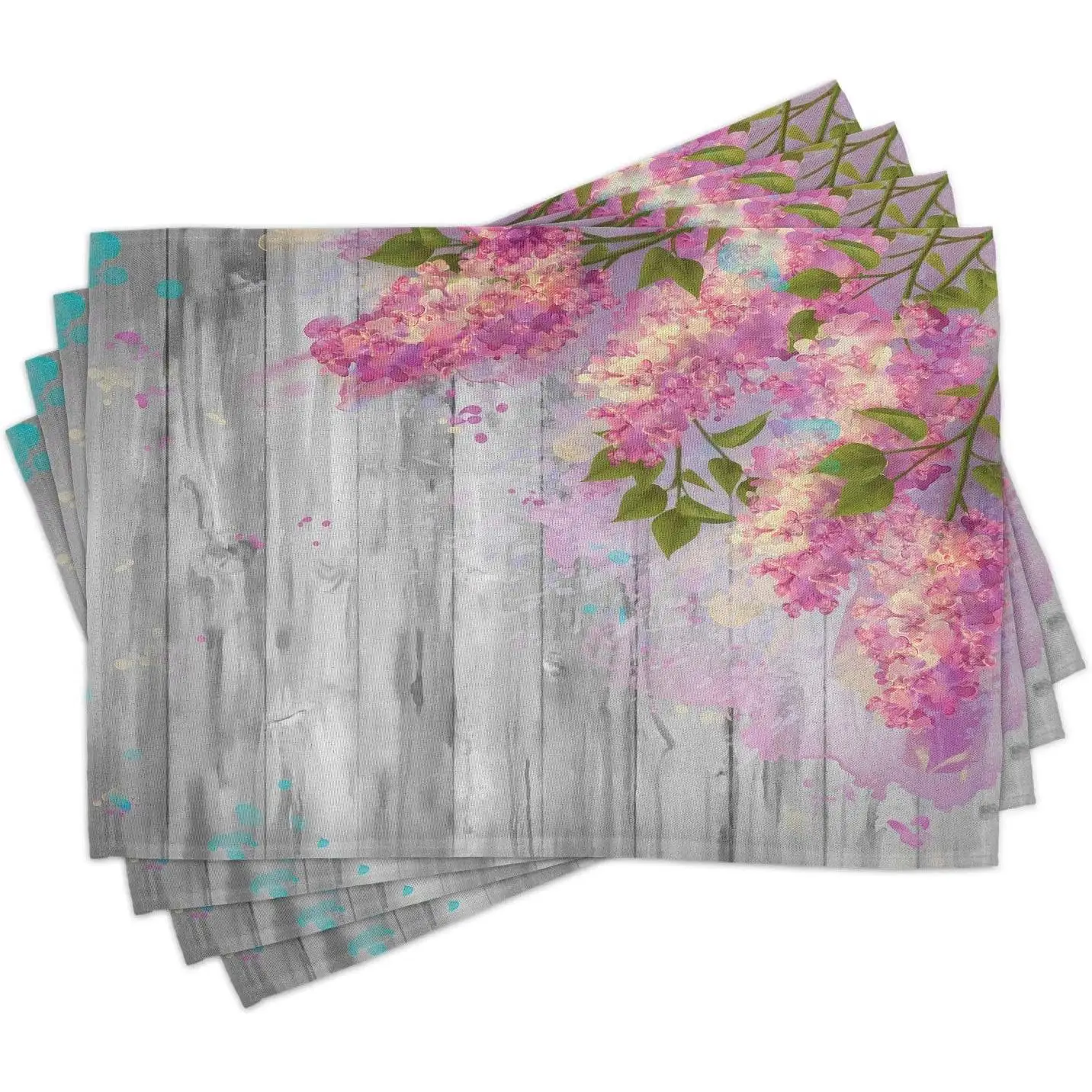 Flower Place Mats Set of 4 Floral Watercolor Style Effect Branches of Lilac Bloom Print Washable Fabric Placemats for Dining