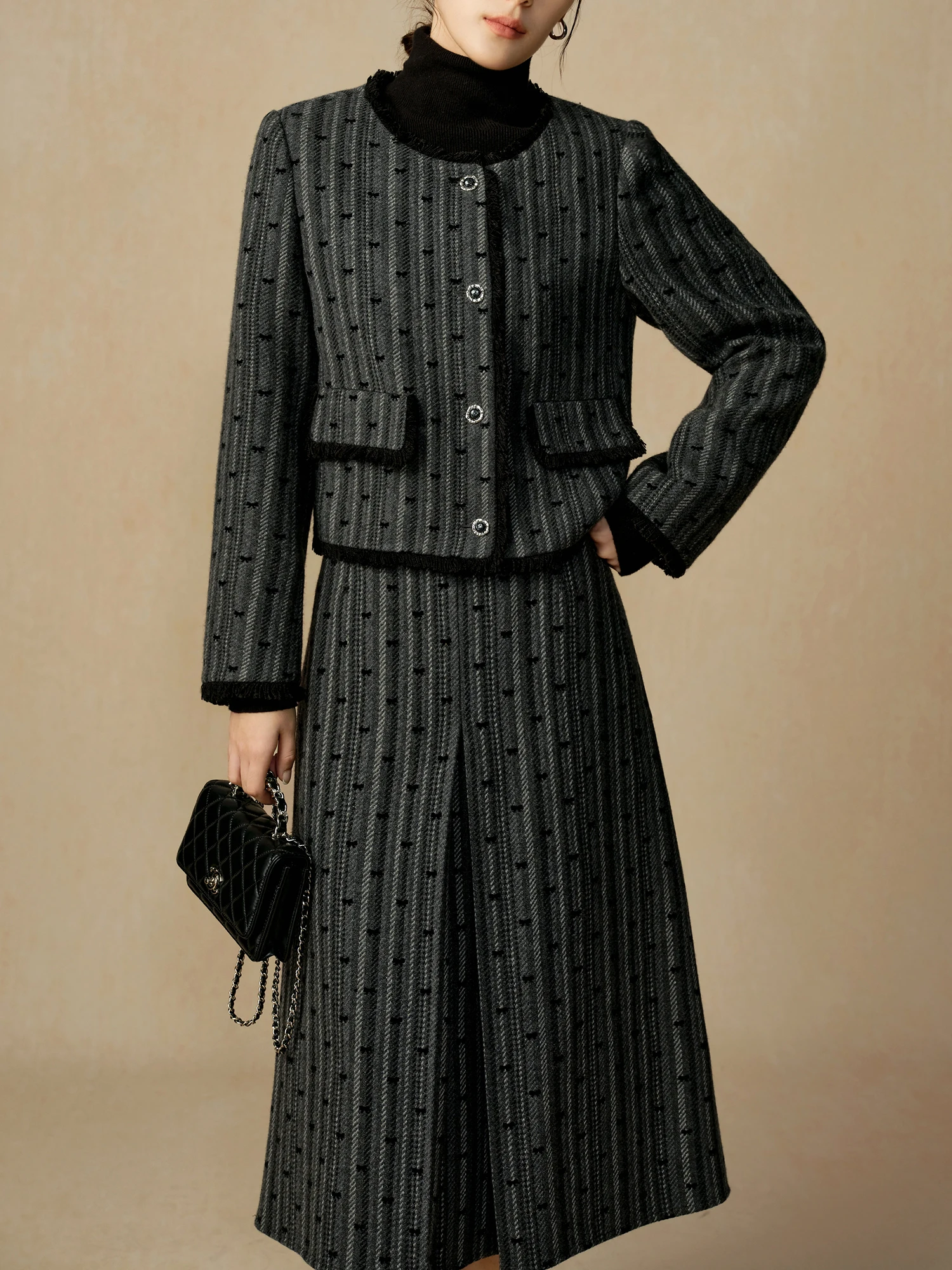 DUSHU Women 46.3% Wool Female Tweed Coat Sets Zipper Waist Women Winter Thicken Long A-LINE Pleated Skirt 24DS84503+24DS84542