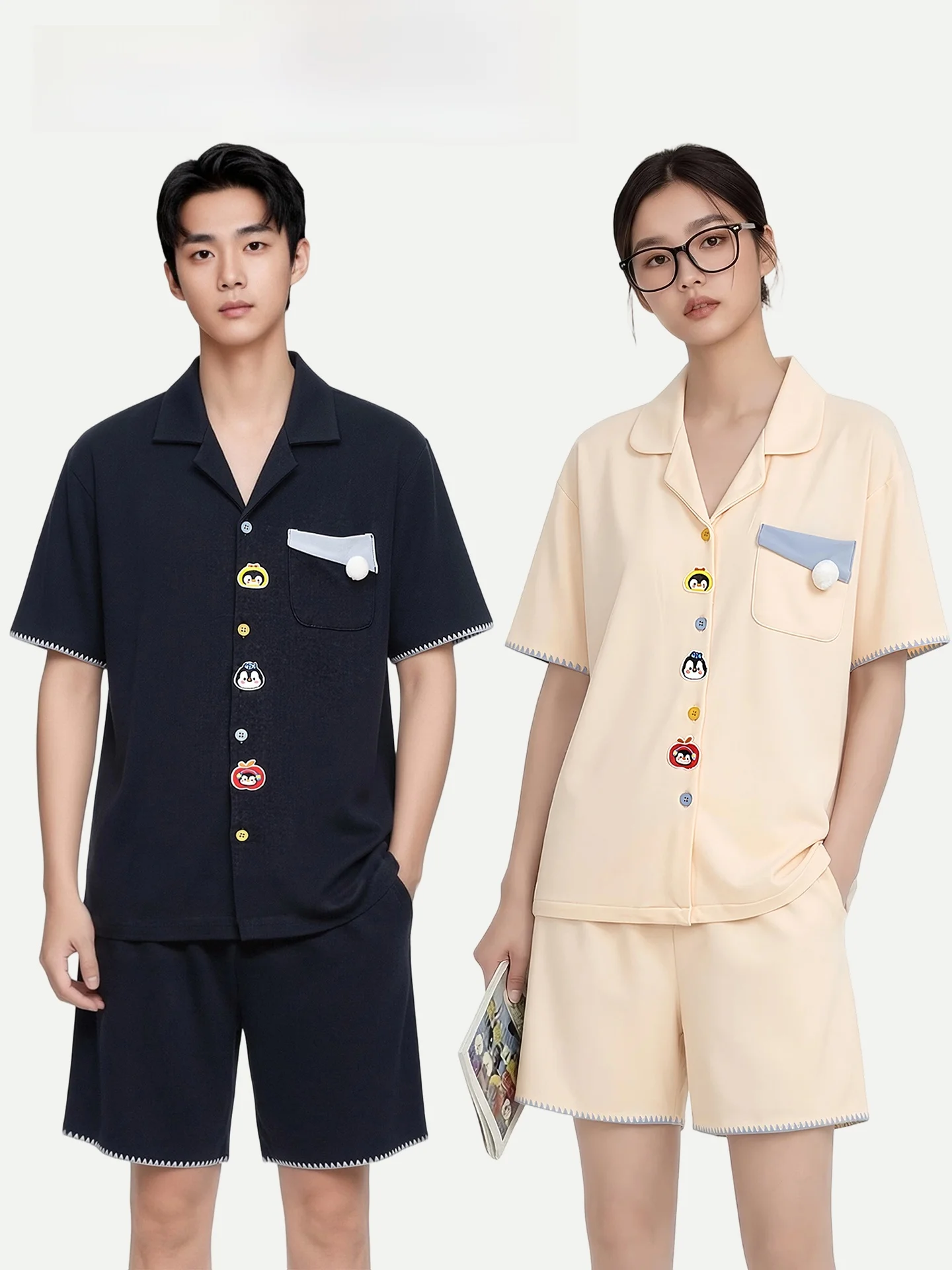 pyjama-polyvalent-pour-couples-pinkbread-motif-pingouin-en-pur-coton-manches-courtes-pour-femme-vetements-d'ete-a-motif-de-dessin-anime-a-porter-a-la-maison-ou-en-exterieur