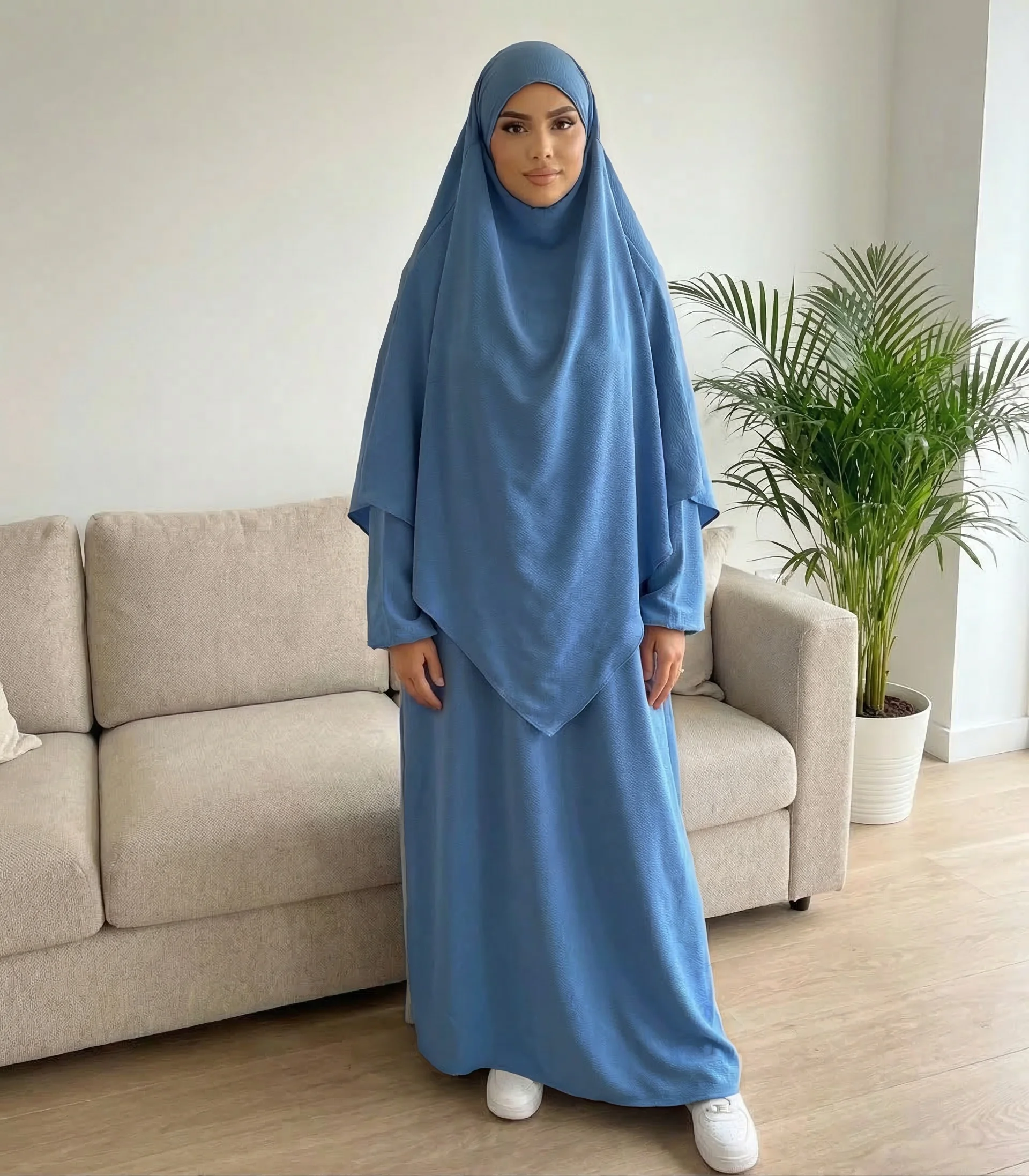 

2pcs Set Solid Color Abaya with Hijab | Muslim Women Open Front Long Kaftan Prayer Dress