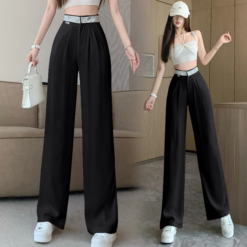 

Summer new style diamond sparkling waist design, high waist slimming straight leg casual wide leg drape suit pants, long pants