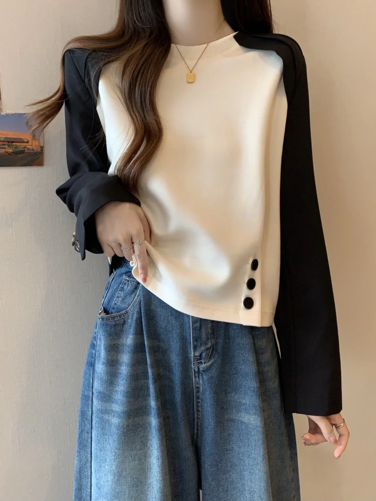 Slimming Long Sleeve T-Shirt Women's Spring Autumn plus Size Base Shirt Concealing Belly Fashionable Design Top Korean Style