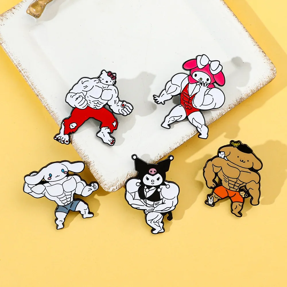 Funny Sanrio Muscle Series Enamel Pins Kawaii Kuromi Melody Hello Kitty Brooch Fitness Hunk Couple Backpack Bag Pins Accessories