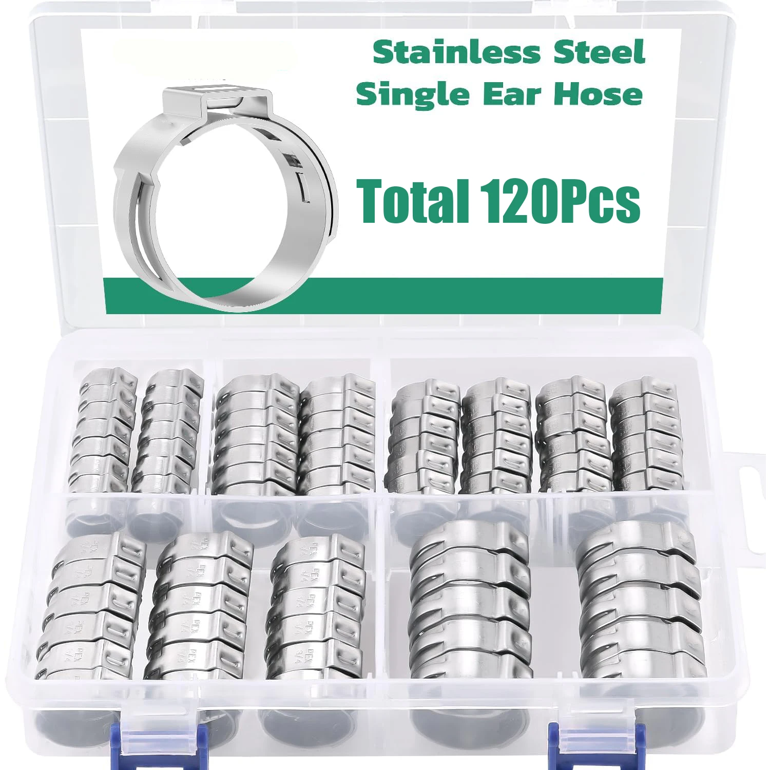 

120 шт. хомуты для шлангов 7,8-25,6 мм с одним ухом, бесступенчатые хомуты для шлангов из нержавеющей стали 304, хомуты Cinch для уплотнительных видов