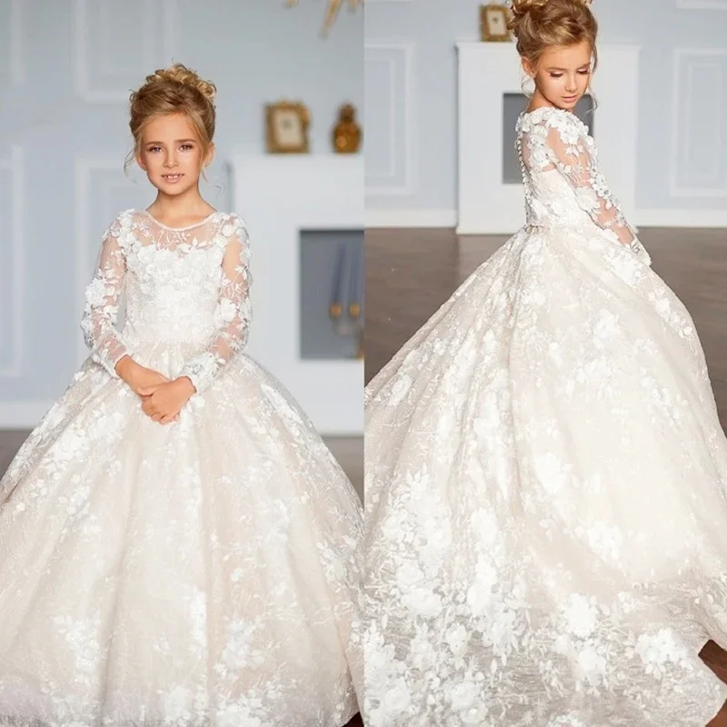 

Flower Girl Dress Bows Children Long Sleeve For Weddings Party Princess First Holy Communion Dress Formal Tulle Ball Gown