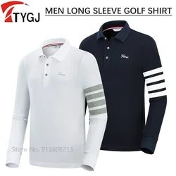 TTYGJ Men Golf Shirt Stripe Breathable Golf T-shirt Male Casual Long-sleeved Polo Sports Jersey Cotton Lapel Tops Mens Clothing