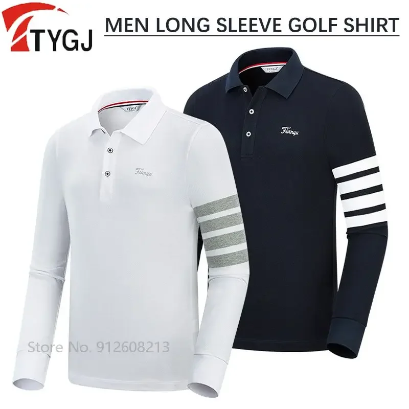 TTYGJ Men Golf Shirt Stripe Breathable Golf T-shirt Male Casual Long-sleeved Polo Sports Jersey Cotton Lapel Tops Mens Clothing