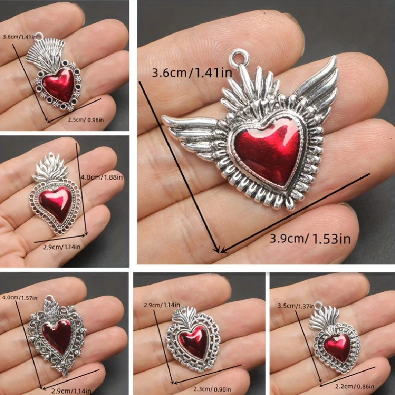 7pcs Mixed Silver Plated Enamel New Gothic Style Sacred Heart Alloy Pendant DIY Charms Earrings Necklace Jewelry Crafts Making