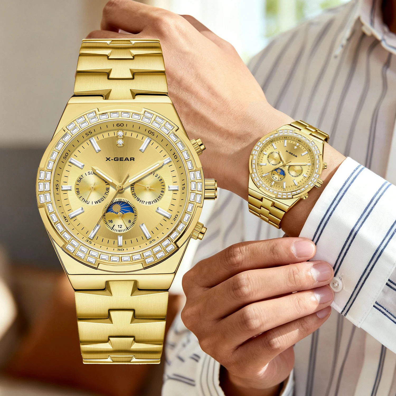 Relógio mecânico masculino X-GEAR, moda casual, relógio de pulso com pulseira de aço inoxidável dourado