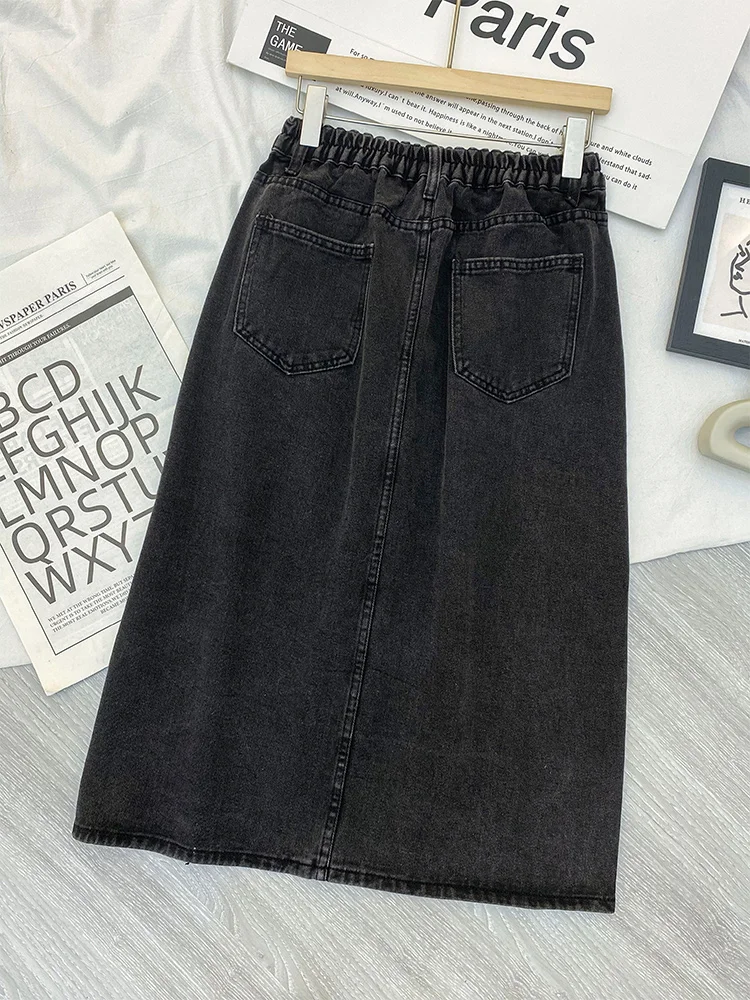 Großer Jeans rock Frauen koreanische hoch taillierte Mode bestickt A-Linie Mittellanger Rock Sommer geteilter schwarzer Jeans rock