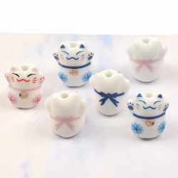 1.3x1.4cm 5pcs Mix Animal Handmade Porcelain Lucky Cat Ceramic Beads For Jewelry Making DIY Pendant Necklace Wholesale