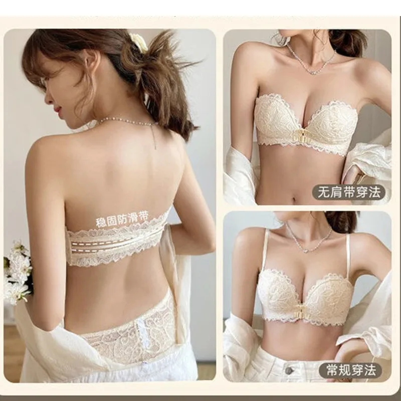 ปิดด้านหน้า Bras คู่ชุดชั้นในผู้หญิงถ้วยเต้านมเล็กรวบรวมลูกไม้สาว Strapless Backless Bra Push Up Brasieres