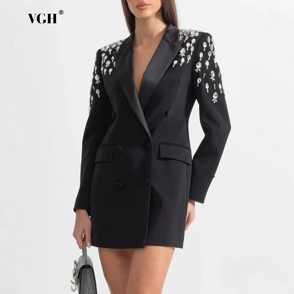 

VGH Black Nightclub Midi Coat for Women Notched Collar Long Sleeve Spliced Rhinestones Crystals Slimming Jackets Female Clothing